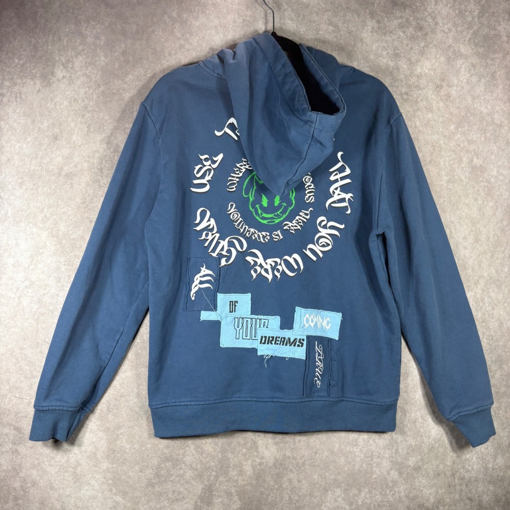 GFTD LA Hoodie Mens‎ Medium Blue Graphic Patchwork Skeleton Hand Streetwear $65